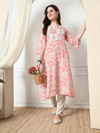 Myshka Women's Hakoba Printed A-Line Kurta in Peach Color | Grocsy