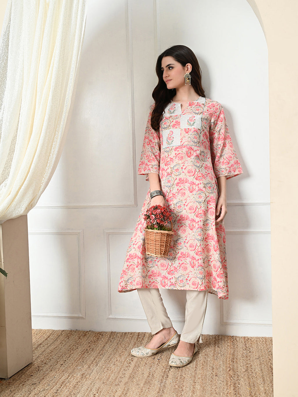 Myshka Women's Hakoba Printed A-Line Kurta in Peach Color | Grocsy