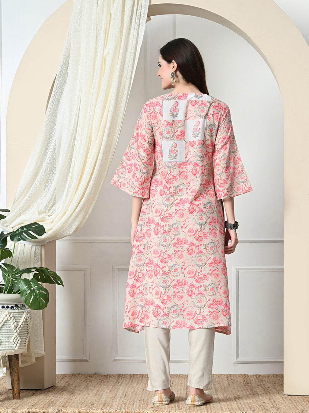Myshka Women's Hakoba Printed A-Line Kurta in Peach Color | Grocsy