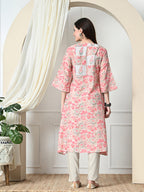 Myshka Women's Hakoba Printed A-Line Kurta in Peach Color | Grocsy