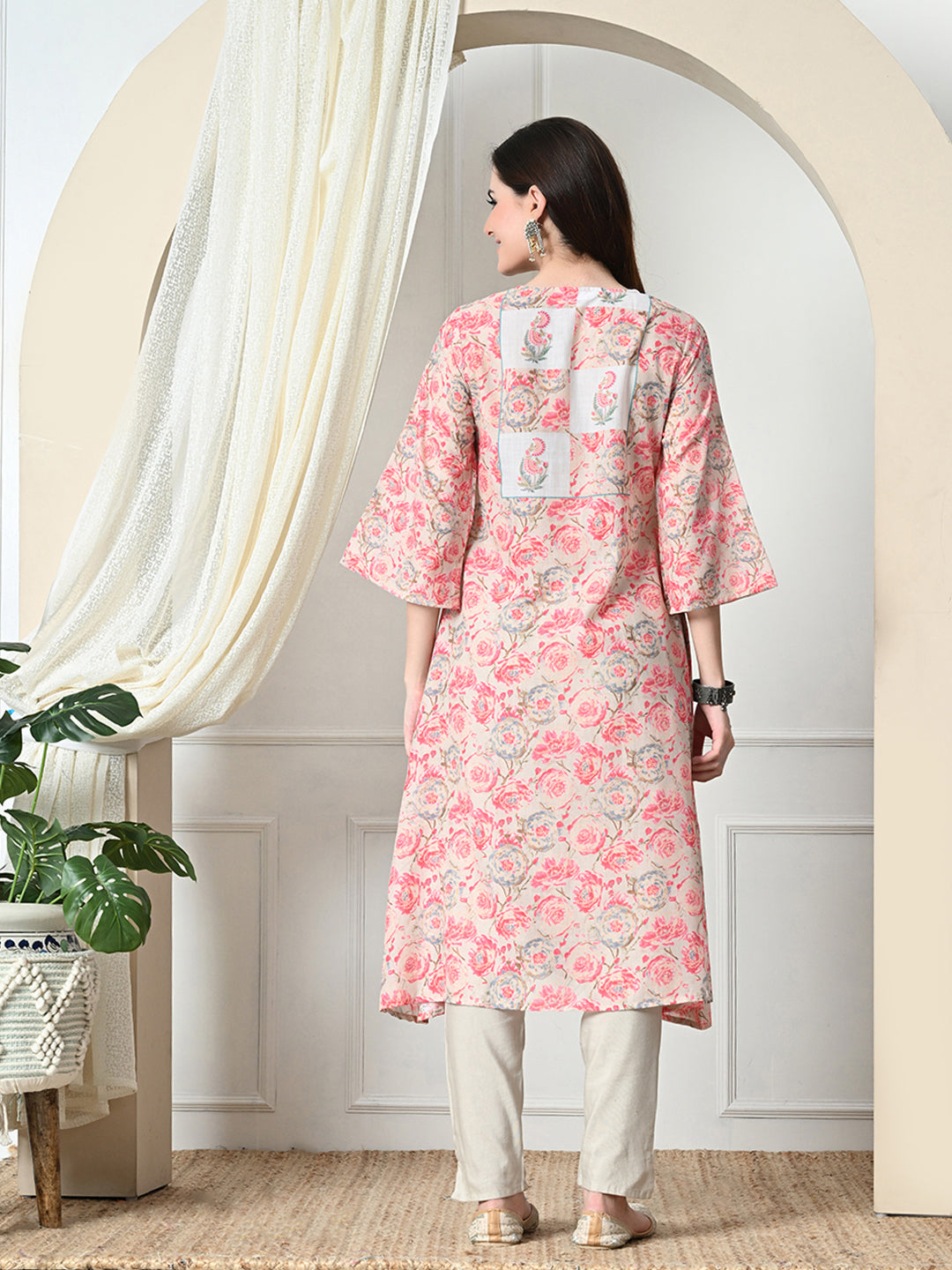 Myshka Women's Hakoba Printed A-Line Kurta in Peach Color | Grocsy