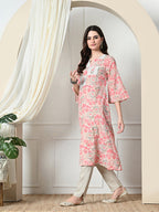 Myshka Women's Hakoba Printed A-Line Kurta in Peach Color | Grocsy
