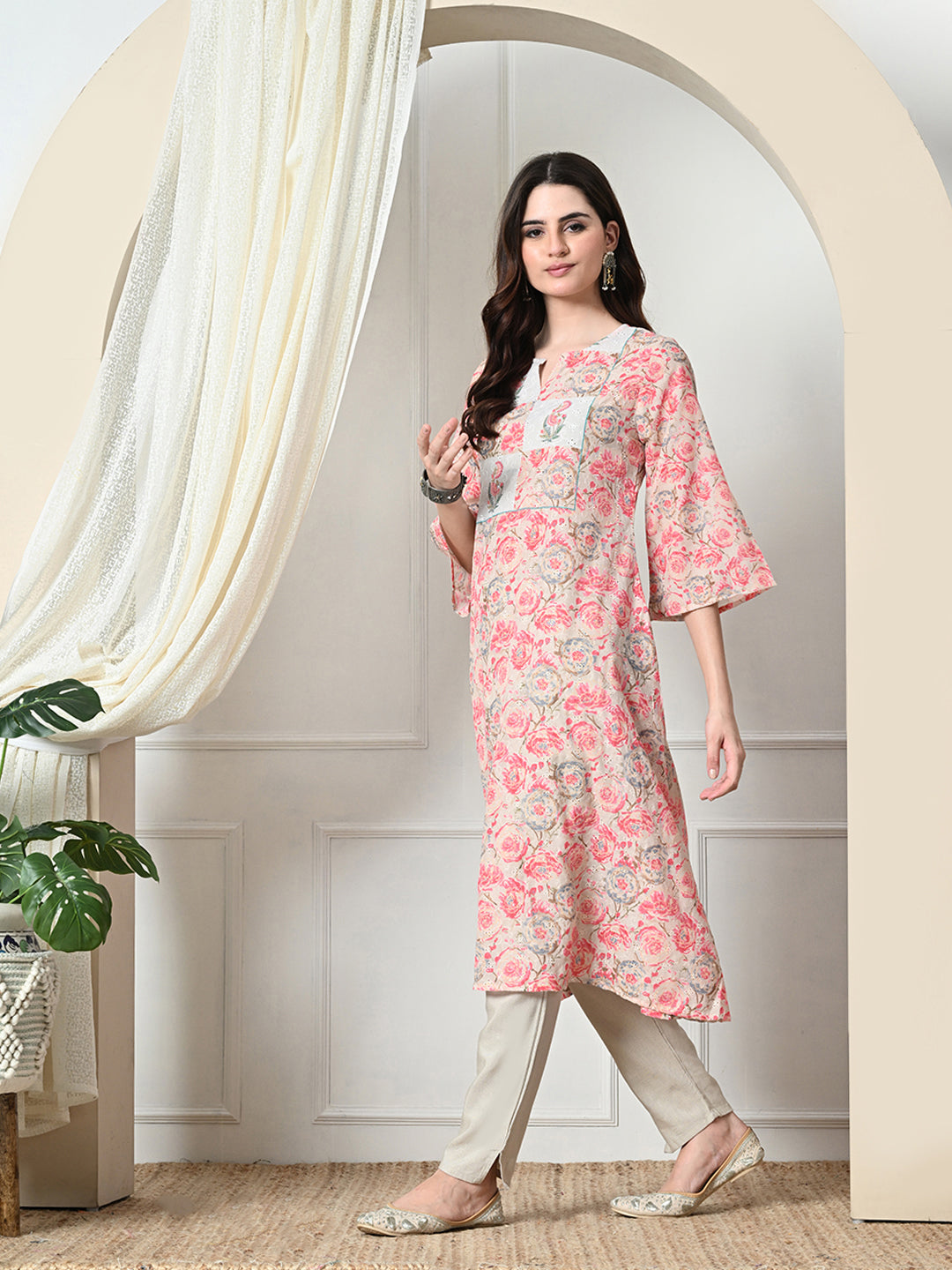 Myshka Women's Hakoba Printed A-Line Kurta in Peach Color | Grocsy