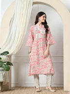 Myshka Women's Hakoba Printed A-Line Kurta in Peach Color | Grocsy