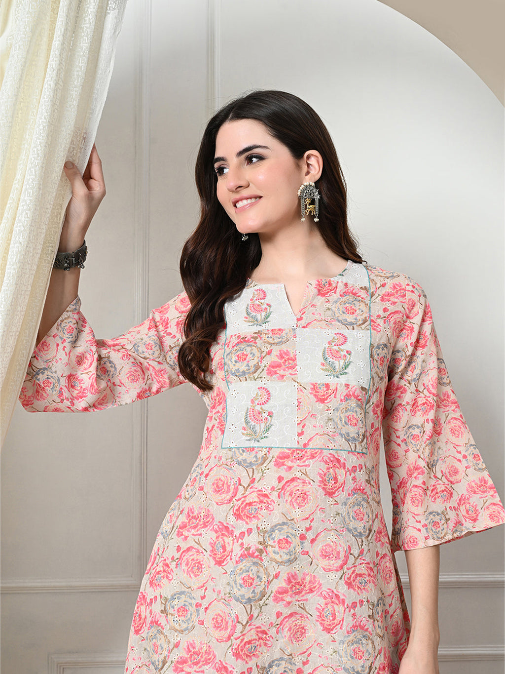 Myshka Women's Hakoba Printed A-Line Kurta in Peach Color | Grocsy