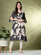 Myshka Women's Hakoba Printed A-Line Kurta in Black Color | Grocsy