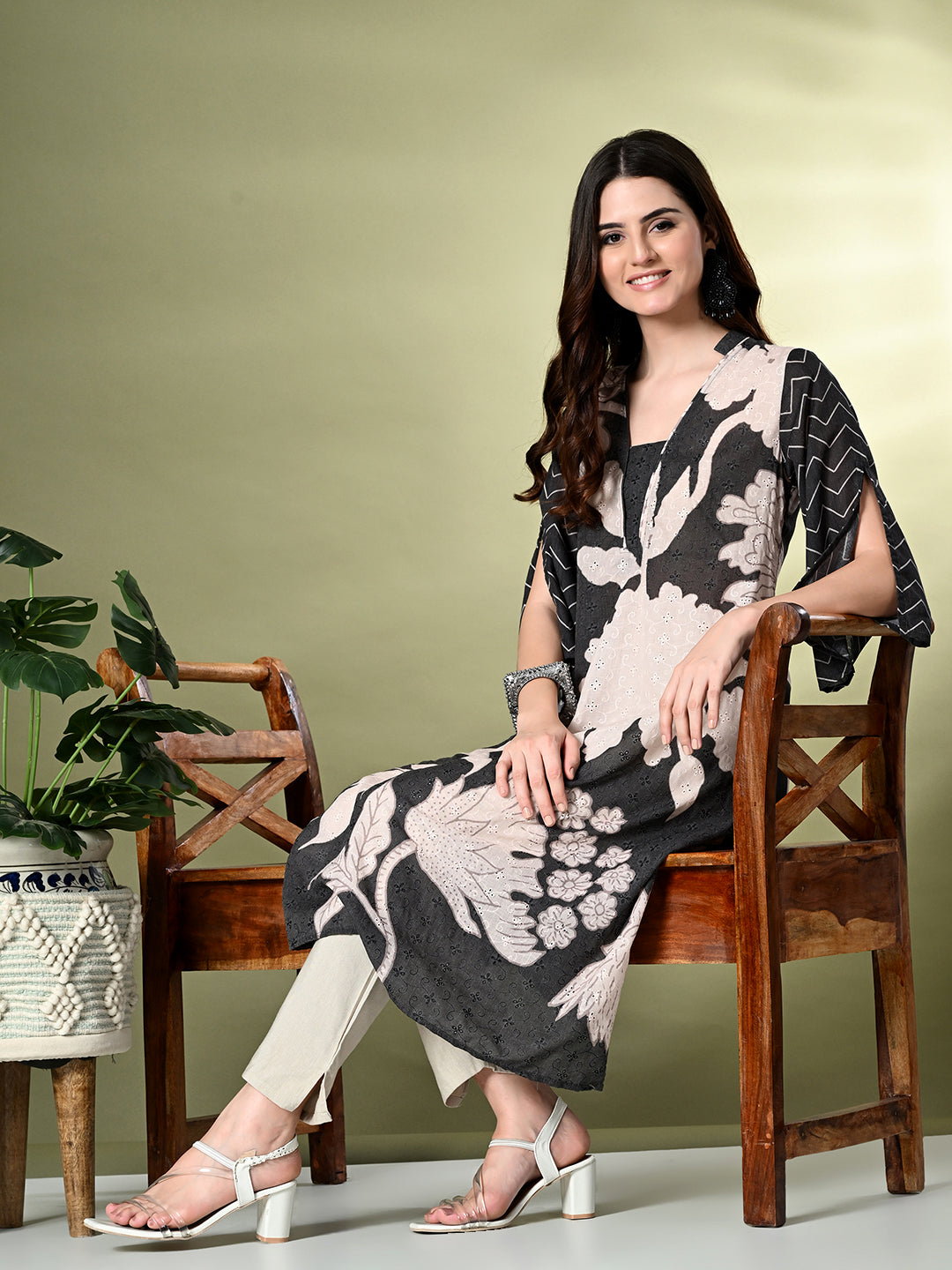 Myshka Women's Hakoba Printed A-Line Kurta in Black Color | Grocsy