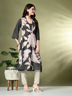 Myshka Women's Hakoba Printed A-Line Kurta in Black Color | Grocsy