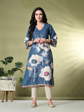 Myshka Women's Hakoba Printed A-Line Kurta in Blue Color | Grocsy