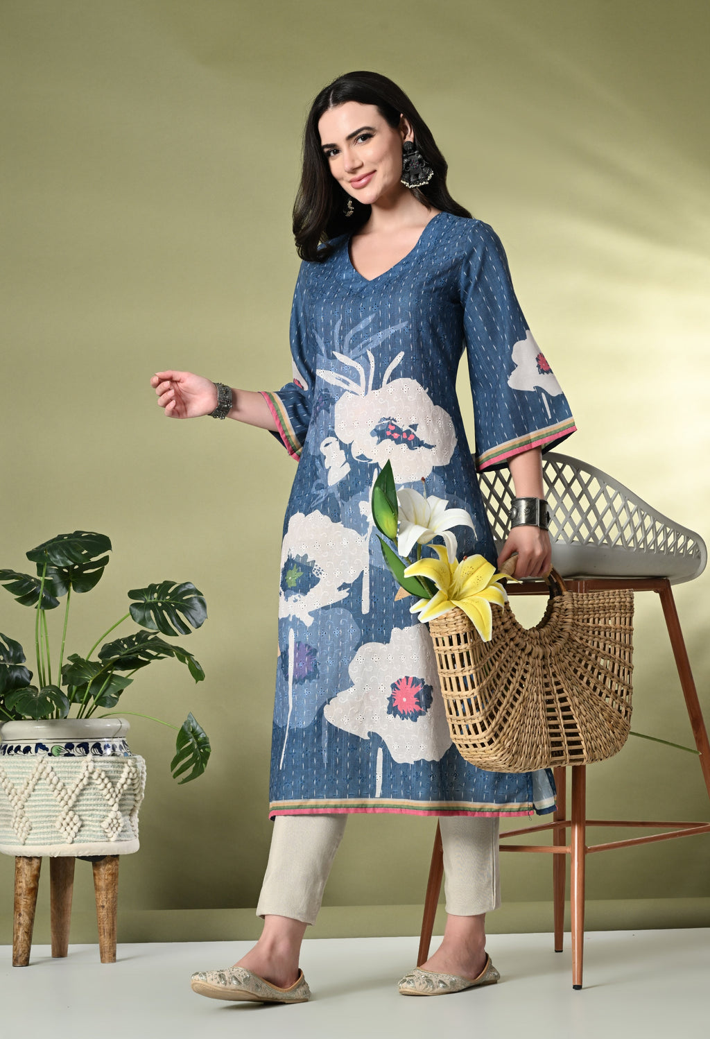 Myshka Women's Hakoba Printed A-Line Kurta in Blue Color | Grocsy