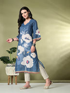 Myshka Women's Hakoba Printed A-Line Kurta in Blue Color | Grocsy