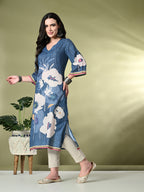 Myshka Women's Hakoba Printed A-Line Kurta in Blue Color | Grocsy