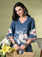 Myshka Women's Hakoba Printed A-Line Kurta in Blue Color | Grocsy