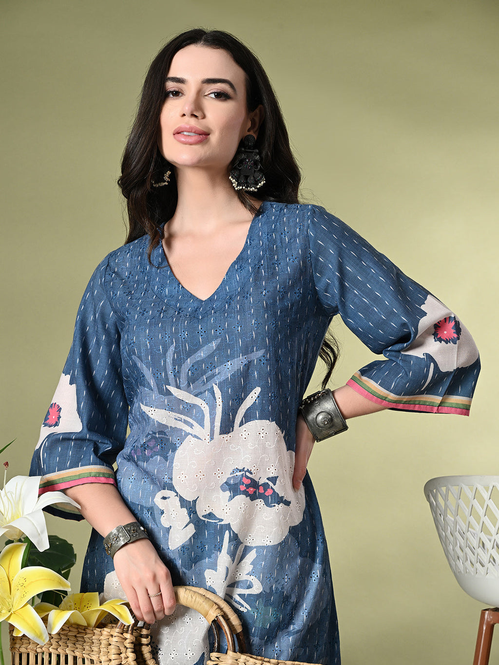 Myshka Women's Hakoba Printed A-Line Kurta in Blue Color | Grocsy