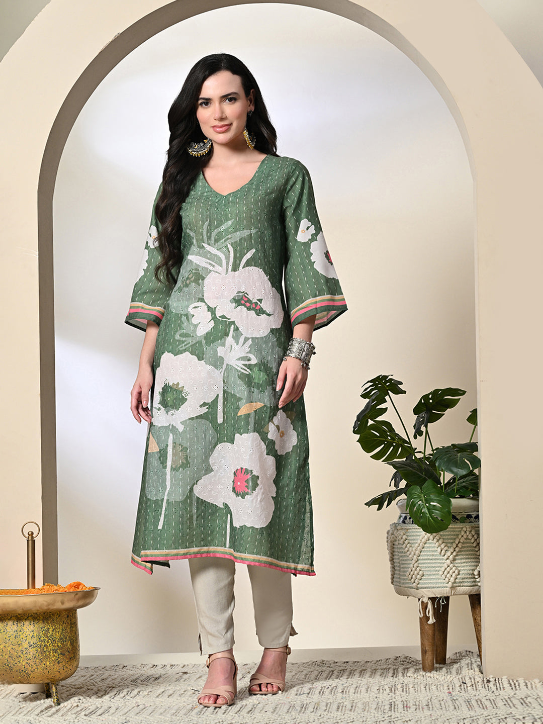 Myshka Women's Hakoba Printed A-Line Kurta in Green Color | Grocsy