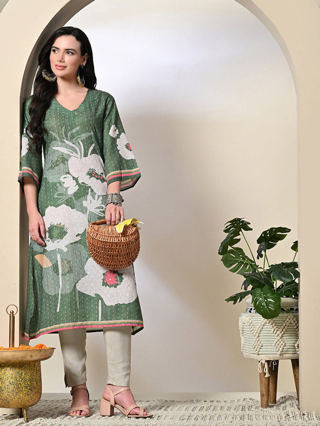 Myshka Women's Hakoba Printed A-Line Kurta in Green Color | Grocsy