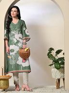 Myshka Women's Hakoba Printed A-Line Kurta in Green Color | Grocsy