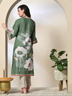 Myshka Women's Hakoba Printed A-Line Kurta in Green Color | Grocsy