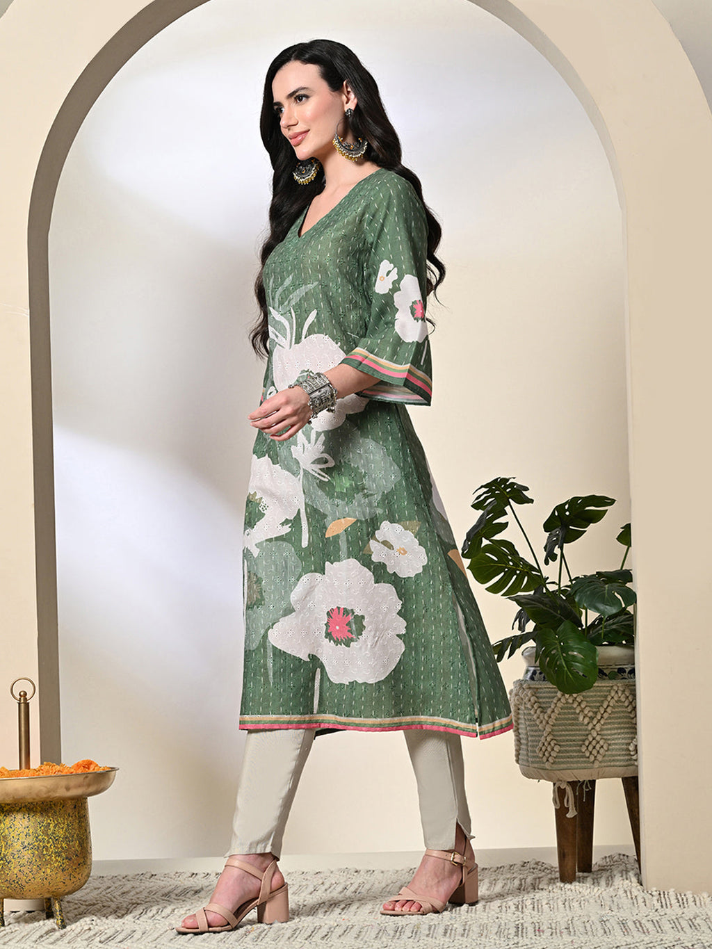 Myshka Women's Hakoba Printed A-Line Kurta in Green Color | Grocsy