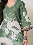 Myshka Women's Hakoba Printed A-Line Kurta in Green Color | Grocsy