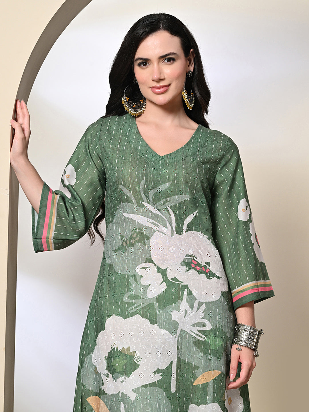 Myshka Women's Hakoba Printed A-Line Kurta in Green Color | Grocsy