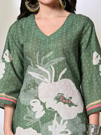 Myshka Women's Hakoba Printed A-Line Kurta in Green Color | Grocsy