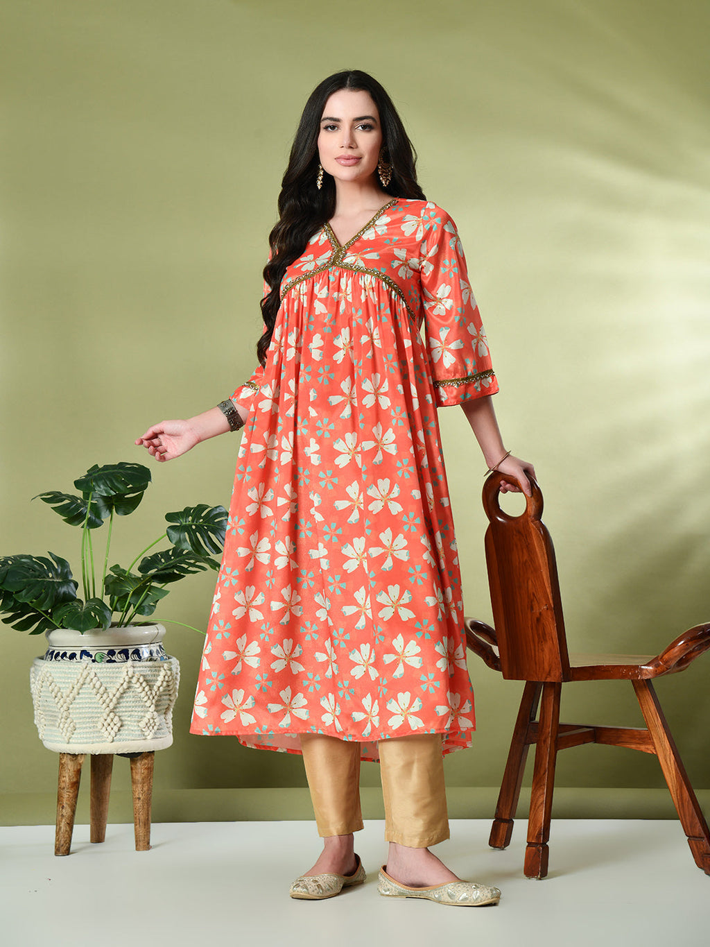 Myshka Women's Chinon Printed Alia-cut Kurta in Orange Color | Grocsy