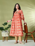 Myshka Women's Chinon Printed Alia-cut Kurta in Orange Color | Grocsy