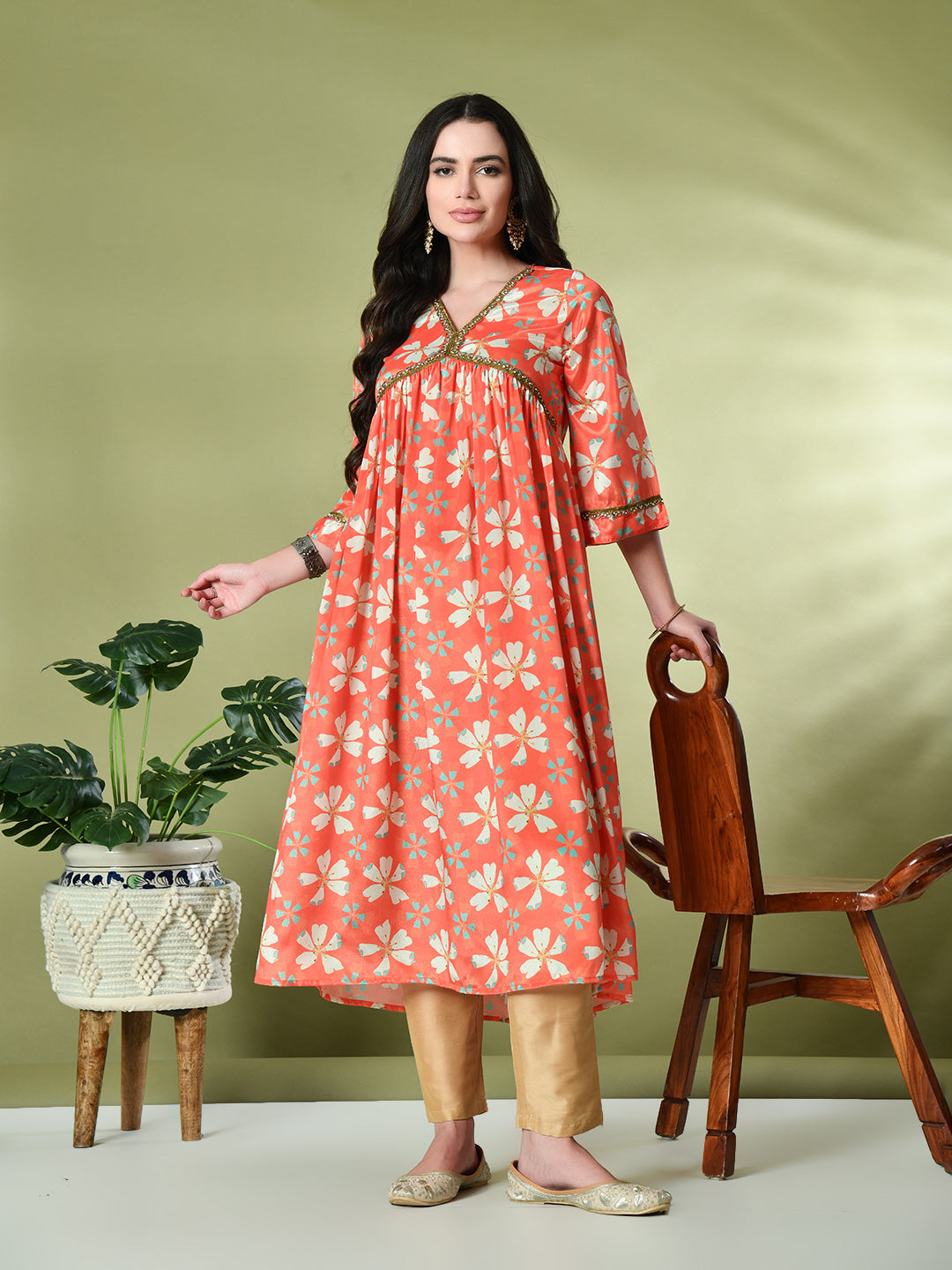 Myshka Women's Chinon Printed Alia-cut Kurta in Orange Color | Grocsy