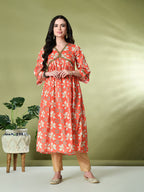 Myshka Women's Chinon Printed Alia-cut Kurta in Orange Color | Grocsy