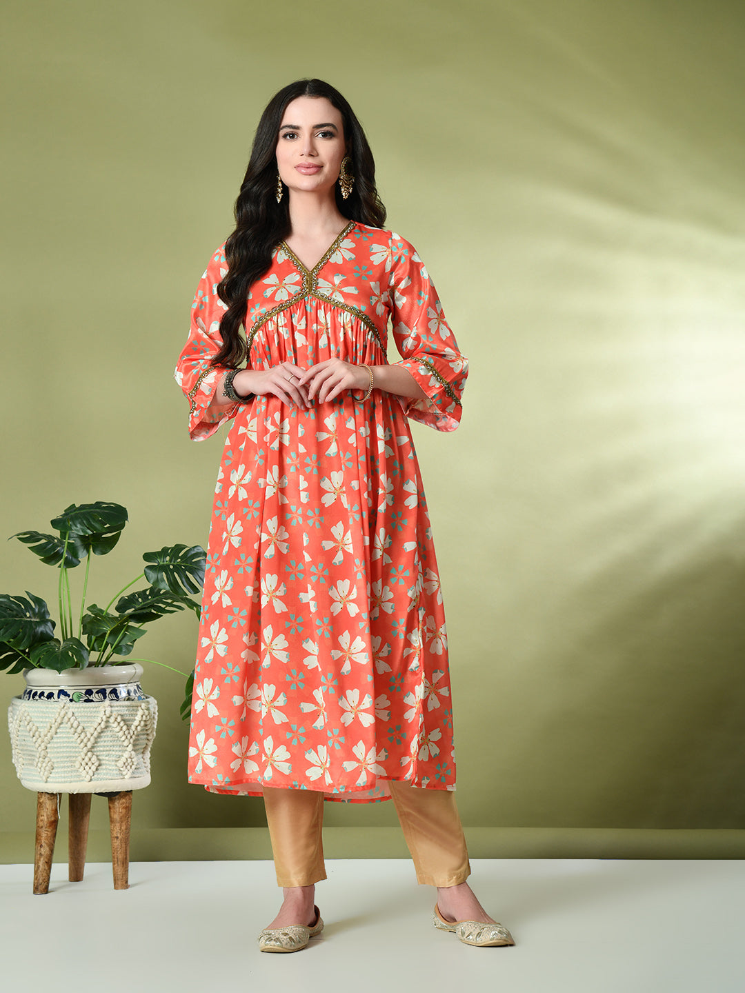 Myshka Women's Chinon Printed Alia-cut Kurta in Orange Color | Grocsy