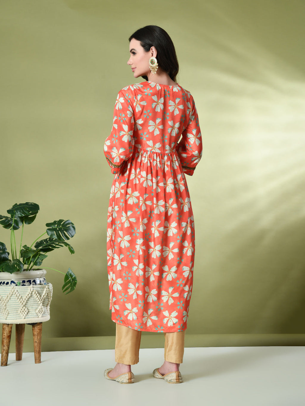 Myshka Women's Chinon Printed Alia-cut Kurta in Orange Color | Grocsy