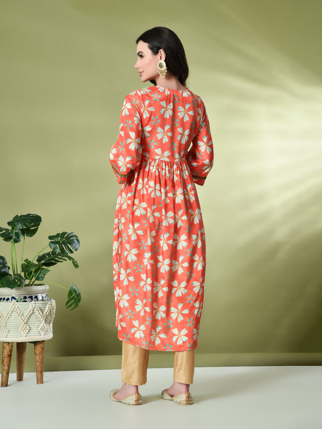 Myshka Women's Chinon Printed Alia-cut Kurta in Orange Color | Grocsy