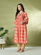 Myshka Women's Chinon Printed Alia-cut Kurta in Orange Color | Grocsy