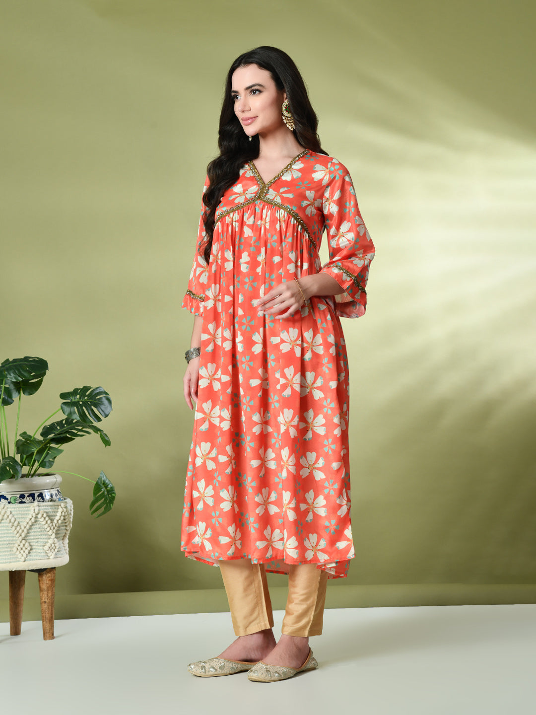 Myshka Women's Chinon Printed Alia-cut Kurta in Orange Color | Grocsy
