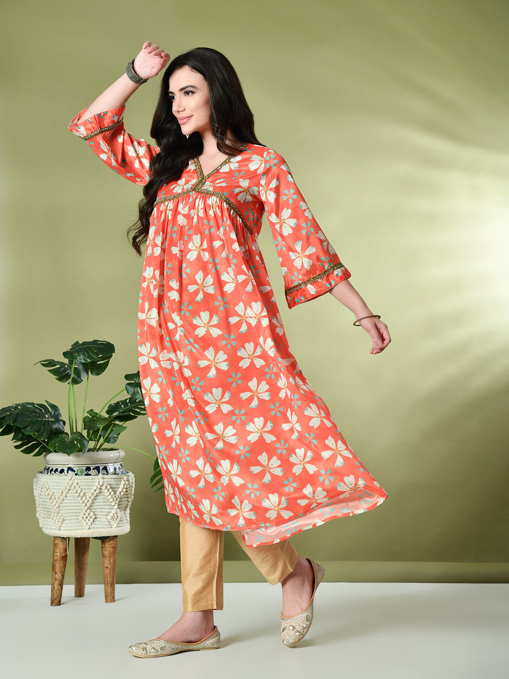 Myshka Women's Chinon Printed Alia-cut Kurta in Orange Color | Grocsy
