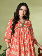 Myshka Women's Chinon Printed Alia-cut Kurta in Orange Color | Grocsy