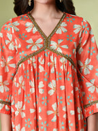 Myshka Women's Chinon Printed Alia-cut Kurta in Orange Color | Grocsy