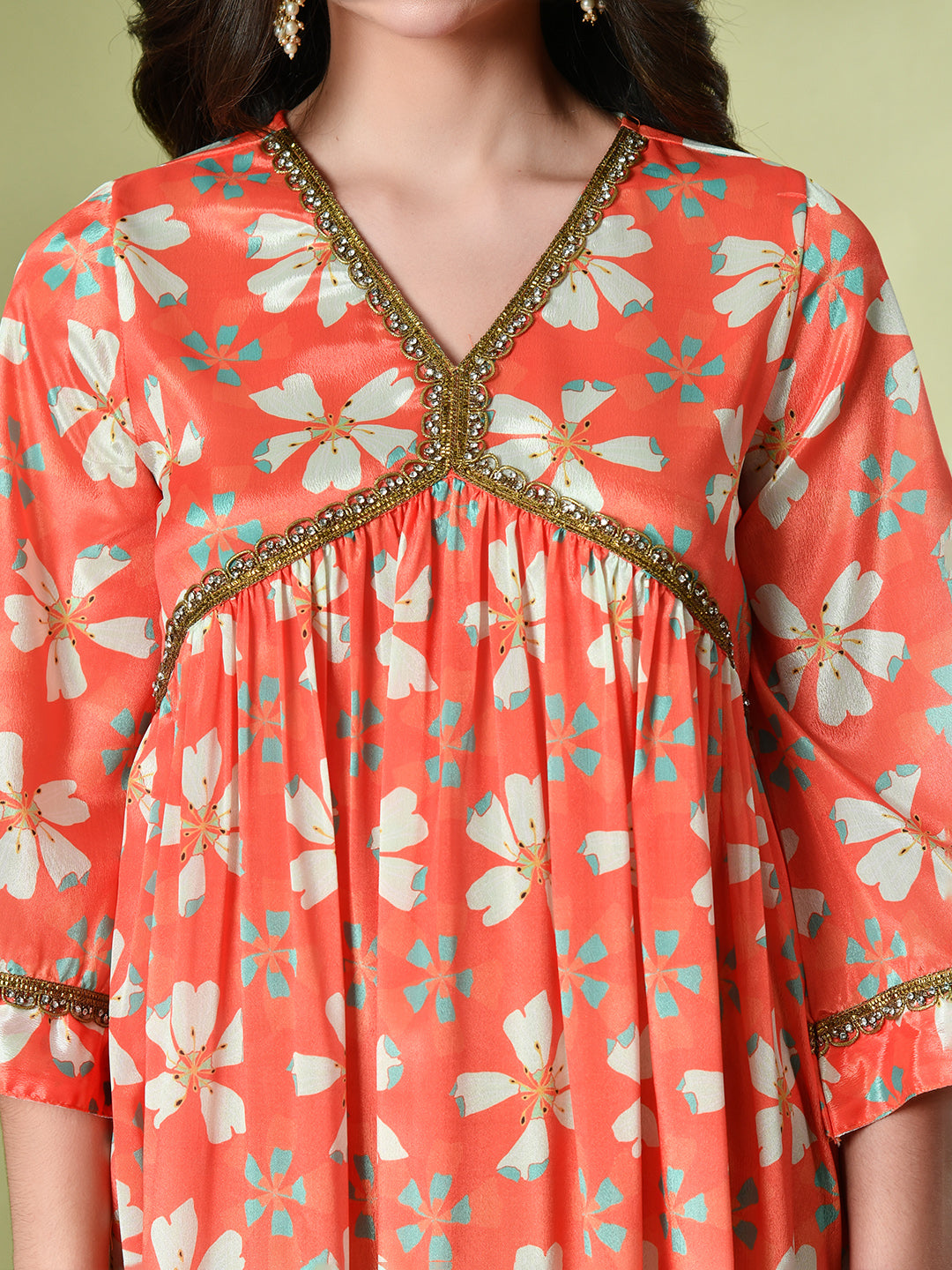 Myshka Women's Chinon Printed Alia-cut Kurta in Orange Color | Grocsy