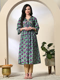 Myshka Women's Chinon Printed Alia-cut Kurta in Green Color | Grocsy