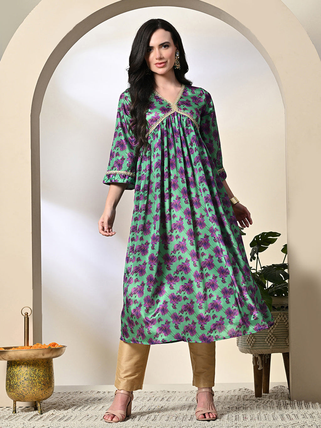 Myshka Women's Chinon Printed Alia-cut Kurta in Green Color | Grocsy