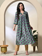 Myshka Women's Chinon Printed Alia-cut Kurta in Green Color | Grocsy
