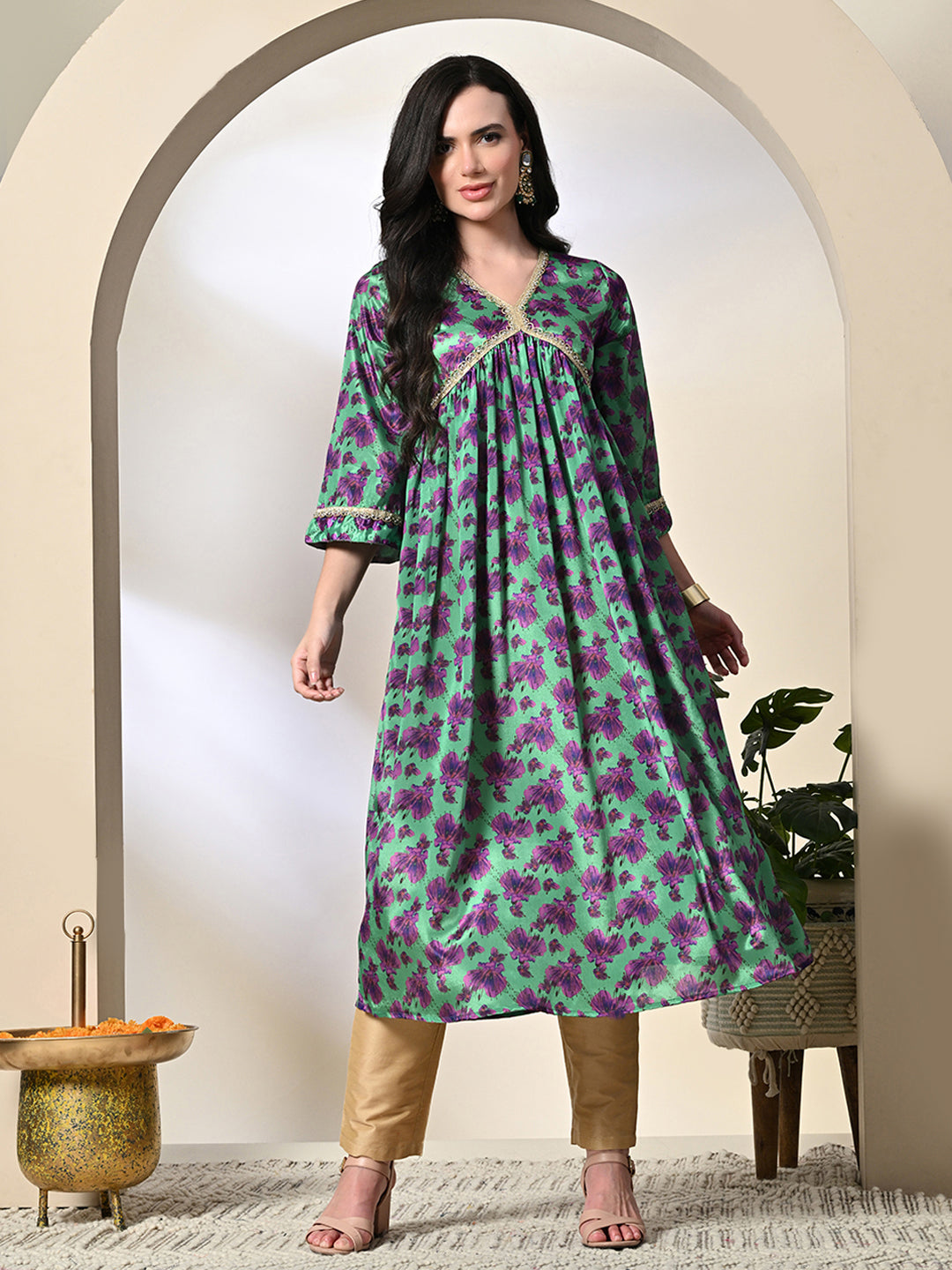 Myshka Women's Chinon Printed Alia-cut Kurta in Green Color | Grocsy