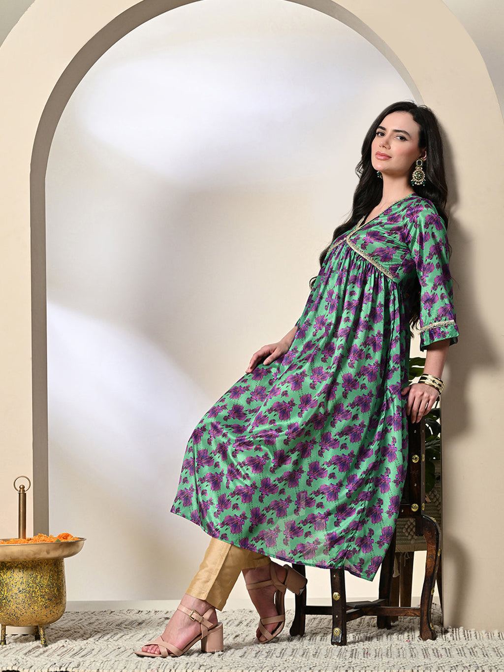 Myshka Women's Chinon Printed Alia-cut Kurta in Green Color | Grocsy