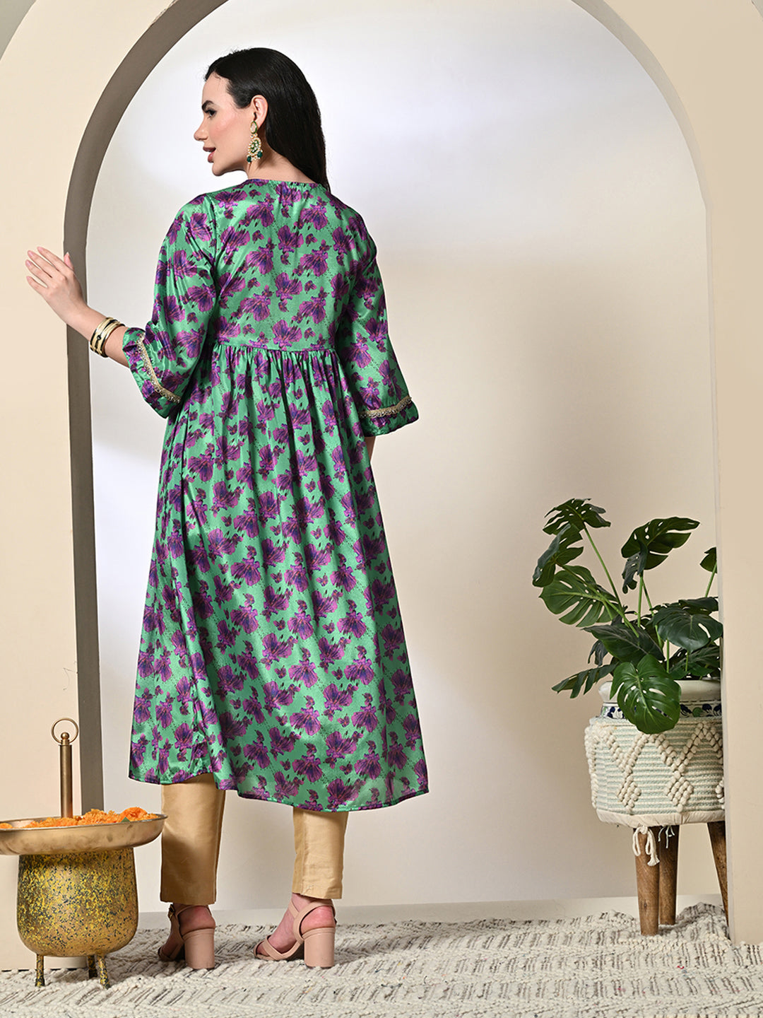 Myshka Women's Chinon Printed Alia-cut Kurta in Green Color | Grocsy