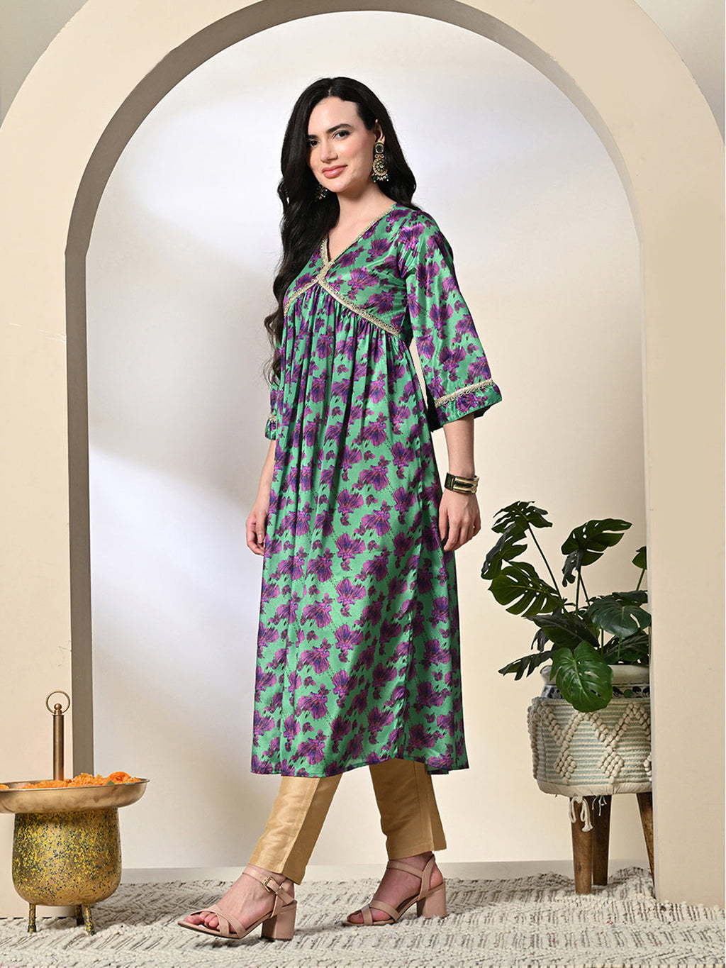 Myshka Women's Chinon Printed Alia-cut Kurta in Green Color | Grocsy