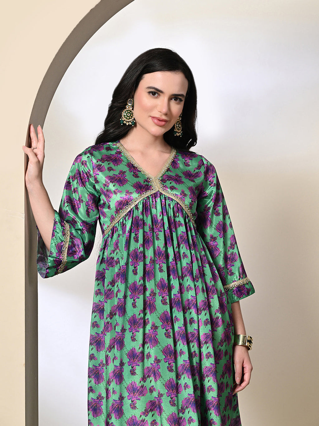 Myshka Women's Chinon Printed Alia-cut Kurta in Green Color | Grocsy