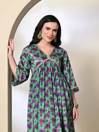 Myshka Women's Chinon Printed Alia-cut Kurta in Green Color | Grocsy