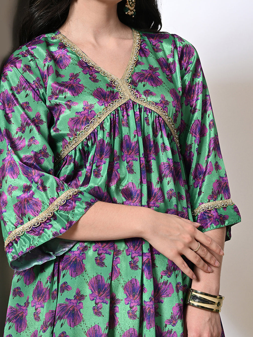 Myshka Women's Chinon Printed Alia-cut Kurta in Green Color | Grocsy