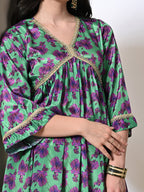 Myshka Women's Chinon Printed Alia-cut Kurta in Green Color | Grocsy